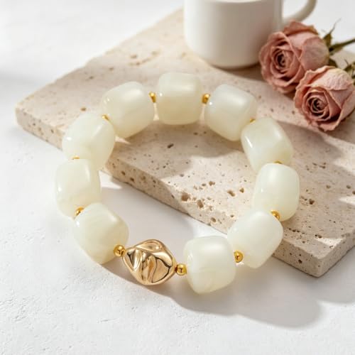 Chunky Beaded Bracelet for Women-Boho Bold Acrylic Resin Stretch Bracelets Trendy Summer Beach Elastic Bangle Vacation Jewelry Accessories - color: Style 1-Milky White