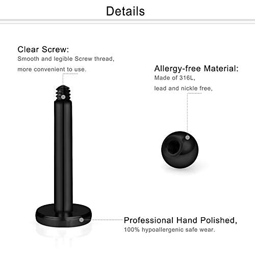 16G Stainless Steel Labret Studs Monroe Lip Rings Retainer Cartilage Tragus Nail Conch Helix Earring Barbell Piercing Jewelry with Clear Diamond CZ for Women Men - color: 12Pcs-8mm-black