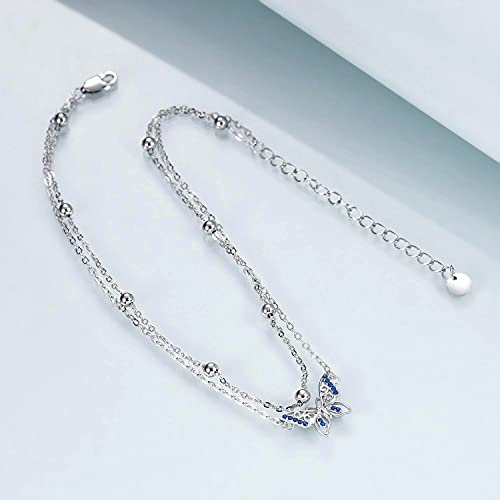 POPLYKE 925 Sterling Silver Double Layered Chain Evil Eye Daisy Sunflower Butterfly Anklets for Women Holiday Beach Crystal Ankle Bracelet Dainty Evil Eye Jewelry - style: Butterfly Anklet