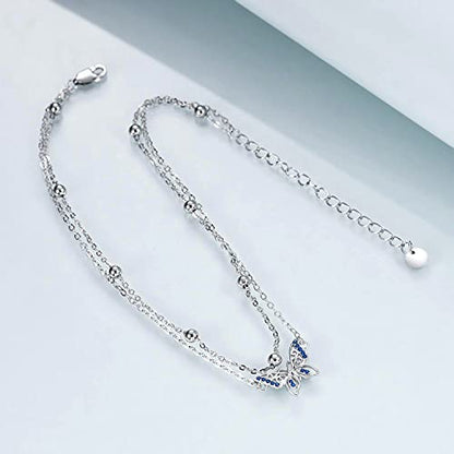 POPLYKE 925 Sterling Silver Double Layered Chain Evil Eye Daisy Sunflower Butterfly Anklets for Women Holiday Beach Crystal Ankle Bracelet Dainty Evil Eye Jewelry - style: Butterfly Anklet
