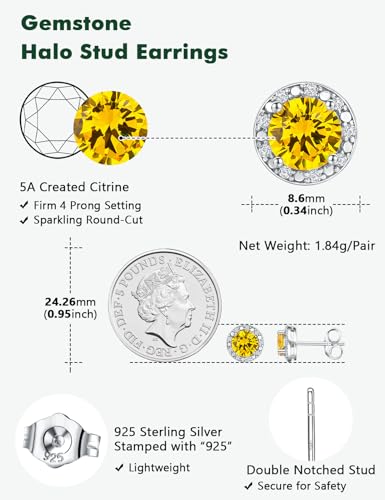 Dainty Birthstone Earrings for Women Sterling Silver Small Stud Earrings with Halo Cushion/Round Created Gemstone Earrings Birthstone Jewelry - style: B 11. Nov./created citrine-round cut