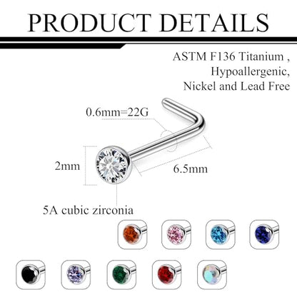 Ruifan ASTM F136 Titanium Nose Rings 18G 20G 22G Jeweled Mix Color Cubic Zirconia Nose Studs Ring Screw L-Shaped Bone Hypoallergenic Body Piercing Jewelry for Women 1.5mm 2mm 2.5mm 3mm 10PCS - style: L-Shaped:22G(0.6mm)-2mm CZ
