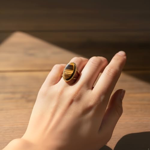 Western Captivating Tiger's Eye Stone Ring,Solitaire 8 * 10mm Oval Cut Gemstone 18K Gold Plated Stack 13mm Wide Ribbed Texture Band Statement Ring for Women - style: Tiger's Eye G