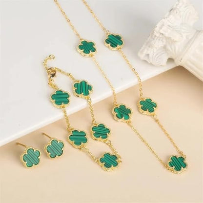 14K Gold-Filled Clover Necklace For Women - Classic Five-Leaf Flower Set Bracelet Necklace Earrings Jewelry Set, Five Leaf Clover Necklaces Dainty Lucky Clover Jewelry - color: Green - Clover Necklace