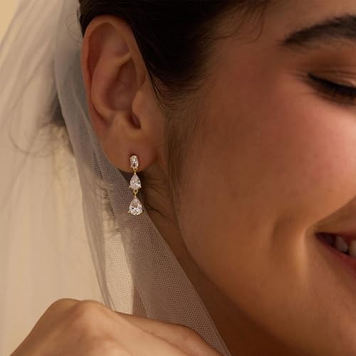 Dangle Drop Earrings for Women Wedding Bridal Rhinestone Long Cubic Zircon Dangling Crystal Chandelier Sparkly 14K Gold Plated Dainty Trendy Jewelry Gifts - color: Gold-3CZ Drop