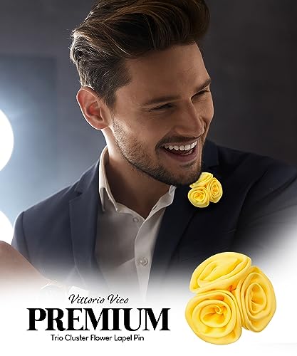 Premium Trio Cluster Flower Lapel Pin - Formal Boutonniere for Men, Flower Brooch Pin - color: Yellow