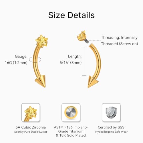 1PC Titanium Rook Piercing Jewelry 16G 8mm, ASTM F136 Curved Barbells Eyebrow Rings, Internally Threaded Screw on - color: Yellow CZ Star-18KGP