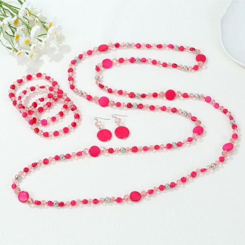 Trendy Infinity Wrap 60’’ Long Statement Necklace, Earrings and Bracelet Set - Hand Knotted Versatile Crystal and Shell Beads Strand Necklace and Chunky Beaded Stretch Bracelet Stack – Jewelry Set Gift for Women - color: hot pink