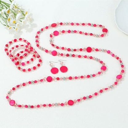 Trendy Infinity Wrap 60’’ Long Statement Necklace, Earrings and Bracelet Set - Hand Knotted Versatile Crystal and Shell Beads Strand Necklace and Chunky Beaded Stretch Bracelet Stack – Jewelry Set Gift for Women - color: hot pink