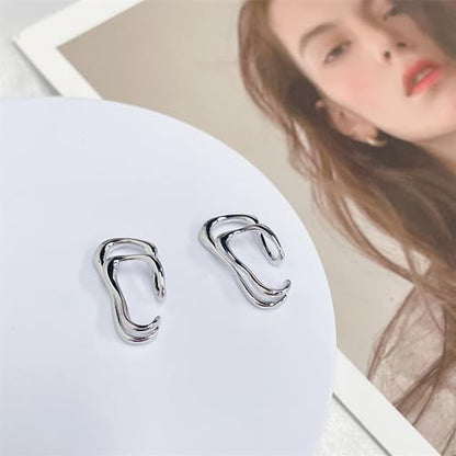 Minimalist Double Line Teardrop Cuff Wrap Clip on Earrings for Women Non Pierced Ear Unique Design 14K Gold Plated Silver Fake Hoop Hypoallergenic Fashion Trendy Jewelry - color: silver