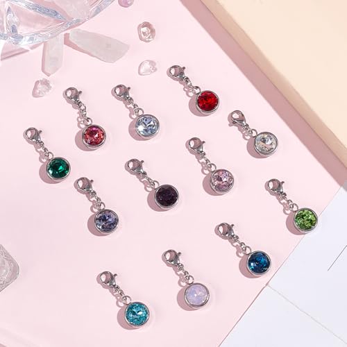 Beebeecraft 12Pcs 12 Colors Clip On Birthstone Charms 304 Stainless Steel Rhinestone Lobster Clasp Charms for Jewelry Necklace Bracelet Making