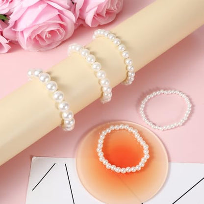 5 PCS Pearl Bracelets for Women, White Elegant Bridesmaid Bracelets, Bridal Wedding Stackable Bracelet Faux Pearl Beaded Bracelet Set Gift