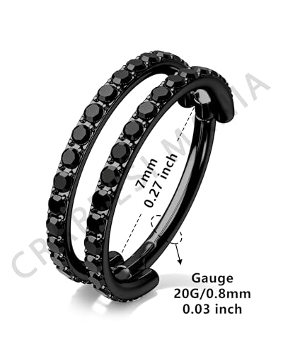 Nose Ring Hoop, 316L Stainless Steel Double Nose Rings, 20G Nose Piercing Jewelry for Women, Clear CZ Helix Cartilage Septum Nose Hoops - color: Black-7mm