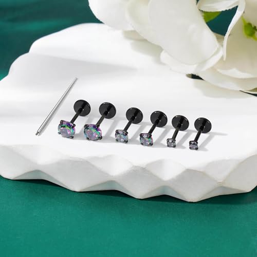Gotumo 20G 18G 16G Flat Back Earrings Stud Nose Ring Titanium Internal Thread Tragus Labret Cartilage Lip Medusa Conch Body Piercing Jewelry Nose Stud Hypoallergenic for Women Men - color: Black, size: 20G Bar-6/7/8mm & CZ-2/3/4mm