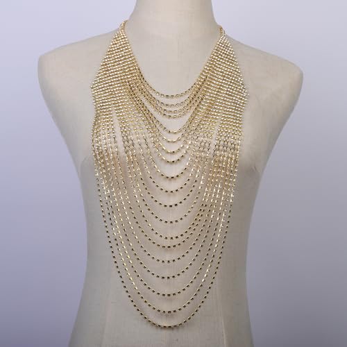 Full Rhinestone Body Chain Crystal Crossover Bra Body Chain Necklace Boho Multilay Costume Chest Chain Beach Sexy Bikini Nightclub Body Chain Party Rave Accessories for Women - color: Gold