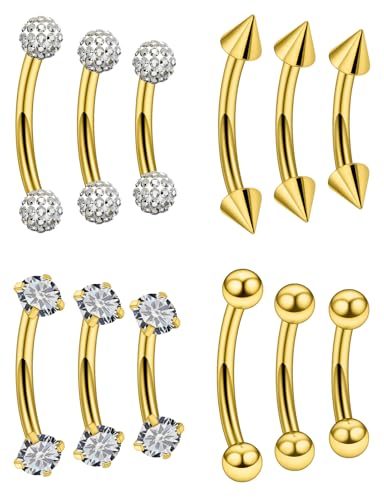 Oufksiyy 18G 16G Internal Thread Eyebrow & Rook Piercing Jewelry Surgical Steel Double Gem Eyebrow Piercings Rings Gold Silver Curved Barbell Eyebrow Ring Vertical Labret Lip Jewelry 6m 8mm 10mm - color: Gold: 18G curved barbell