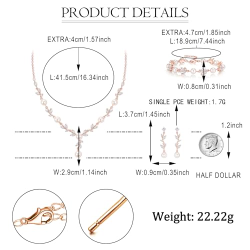 EVER FAITH Cubic Zirconia Pearl Leaf Bridal Jewelry Set for Bride Women | White Wedding Prom Necklace Dangle Earrings Bracelet, for Bridesmaid - color: Marquise_Rose Gold-Plated-Brass
