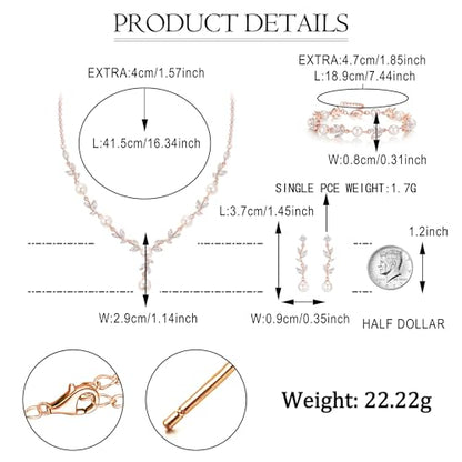 EVER FAITH Cubic Zirconia Pearl Leaf Bridal Jewelry Set for Bride Women | White Wedding Prom Necklace Dangle Earrings Bracelet, for Bridesmaid - color: Marquise_Rose Gold-Plated-Brass