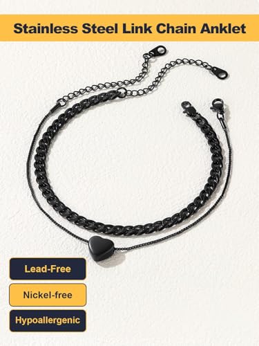 U7 2Pcs/3Pcs Ankle Bracelets for Women, Stainless Steel Cuban Link/Figaro/Rope/Heart Chain Anklets Sets,Waterproof Layered Anklets Adjustable 8.5"-10.5" - color: 02. 2Pcs Style B-Black