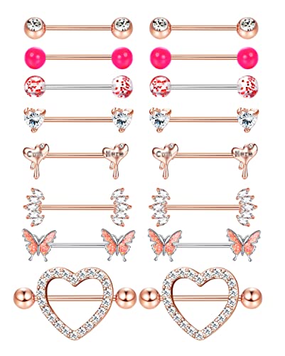 Besteel 8 Pairs Nipple Rings 14G Stainless Steel Nipplerings CZ Heart Butterfly Ball Tongue Barbell Rings Retainer Body Piercing Jewelry for Women