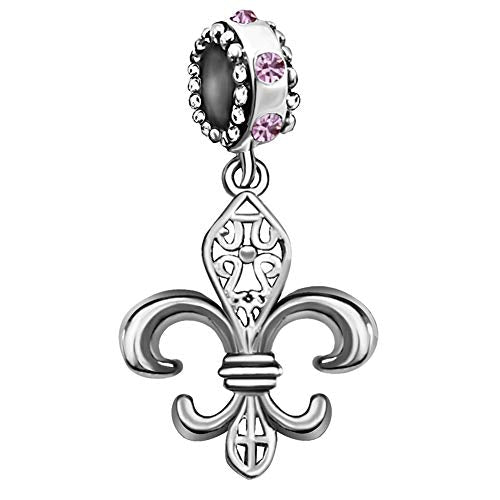 Fleur De Lis Flower Charm Dangle Birthstone Womens Beads Charm for Bracelets Father Daughter Mother Son Wife Jewelry - color: Purple
