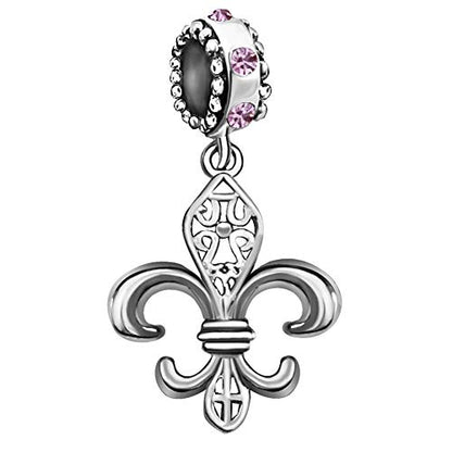 Fleur De Lis Flower Charm Dangle Birthstone Womens Beads Charm for Bracelets Father Daughter Mother Son Wife Jewelry - color: Purple