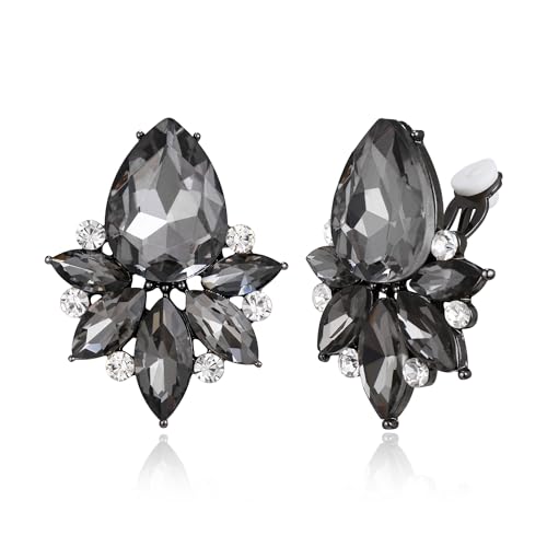 Flyonce Vintage Rhinestone Clip On Stud Earrings, Non-Piercing | Fancy Crystal Cluster, Teardrop Art Deco, Non Pierced, For Wedding Bridal Brides, Formal, Hypoallergenic - color: Grey Black-Tone