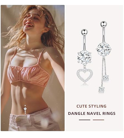 Leocuci Surgical Stainless Steel Dangle Belly Button Rings for Women Belly Ring Dangling Piercing Jewelry with Heart Flower Butterfly14G - color: silver