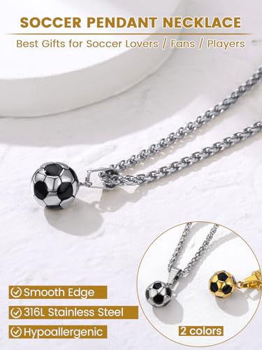 GOLDCHIC JEWELRY Sport Necklaces for Men Teen, Football Baseball Soccer Basketball Softball Necklaces with Stainless Steel Chain Athlete Jewelry Sports Fan Gift - color: Soccer Pendant-Steel, style: Personalised Engraving