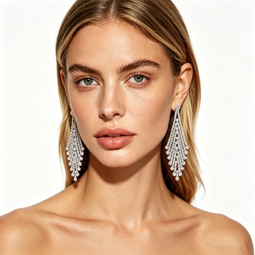 Rhinestone Earrings Dangling for Women Sparkly Silver Dangle Earrings Girls Long Chandelier Earrings Tassel Lightweight Ear Studs Cubic Zirconia (KE001S-W) - color: Dangle 616904S-YZ