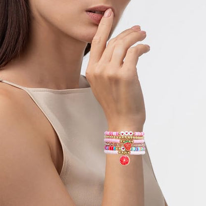 Summer Surfer Heishi Bracelet Set for Women Stackable Gold Plated Clay Ploymer Bead Stretch Pink Beach Layering Bracelets Jewelry - color: A-Pink Grapefruit Set