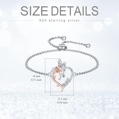 TOUPOP Gifts for Women Rose Heart Initial Bracelet 925 Sterling Silver Butterfly Letter Link Bracelet Love Jewelry Anniversary Birthday Gifts for Wife Girlfriend Mom Her - style: Initial N