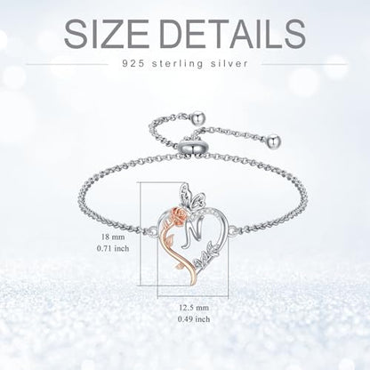 TOUPOP Gifts for Women Rose Heart Initial Bracelet 925 Sterling Silver Butterfly Letter Link Bracelet Love Jewelry Anniversary Birthday Gifts for Wife Girlfriend Mom Her - style: Initial N