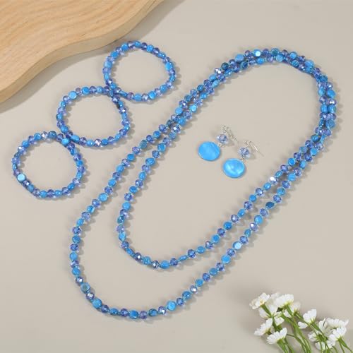 Trendy Infinity Wrap 60’’ Long Statement Necklace, Earrings and Bracelet Set - Hand Knotted Versatile Crystal and Shell Beads Strand Necklace and Chunky Beaded Stretch Bracelet Stack – Jewelry Set Gift for Women - color: light blue