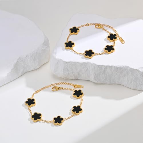 Women Gold Bracelets Jewelry Set - 3Pcs 18K Gold Plated Floral Bracelet,Stainless Steel Charm Bracelet Non-Tarnish,Adjustable Lucky Chain Trendy Gift,Christmas Valentines Birthday Gifts for Girlfriend - style: Black-2pcs