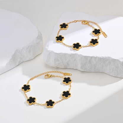 Women Gold Bracelets Jewelry Set - 3Pcs 18K Gold Plated Floral Bracelet,Stainless Steel Charm Bracelet Non-Tarnish,Adjustable Lucky Chain Trendy Gift,Christmas Valentines Birthday Gifts for Girlfriend - style: Black-2pcs