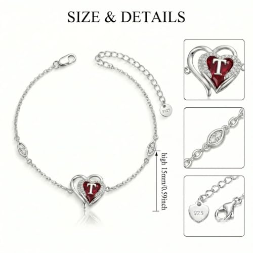 Initial Bracelet for Women 925 Sterling Silver Heart Angel Wings Initial Bracelet Anniversary Birthday Mothers Day Jewelry for Mom Her Wife - color: T