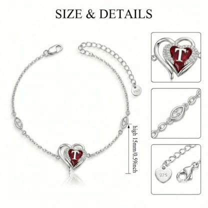 Initial Bracelet for Women 925 Sterling Silver Heart Angel Wings Initial Bracelet Anniversary Birthday Mothers Day Jewelry for Mom Her Wife - color: T