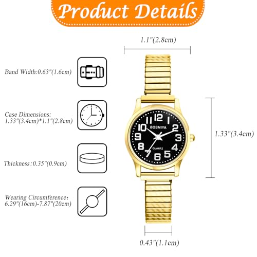 Avaner Stretch Band Wrist Watches: Elastic Strap Bangle Big Number Easy Reader Analog Quartz Wristwatch for Men Women - color: Gold Band Black Dial (for women)