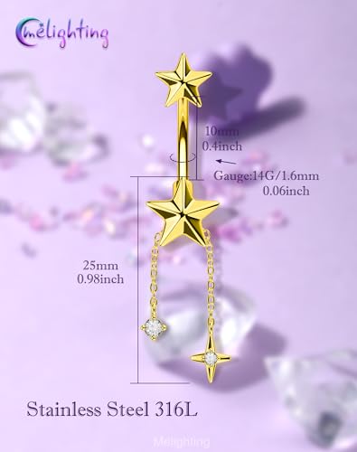 Melighting 14G Gold Belly Button Ring Dangle Chain, 10 mm Stainless Steel Belly Piercing Jewelry with CZ Heart Star Design, Cute Silver Navel Ring for Beach Daily Wear Women - color: Gold Star