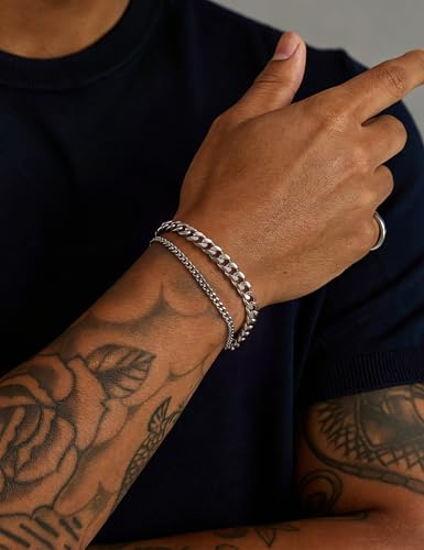 Silver Bracelet Set for Men, Figaro and Cable Link Chain | Stainless steel Figaro and cable link bracelets for stacking, daily wear, and gifts - color: Style3-7 inch