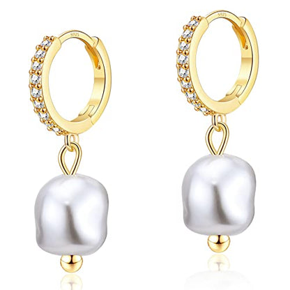 CERSLIMO Pearl Drop Earrings for Women | S925 Sterling Silver Post Simulated Shell Pearl Hoop Dangle Earrings, Hypoallergenic Cubic Zirconia Huggies Earrings Bridesmaid Jewelry - style: 03 Gold-Baroque