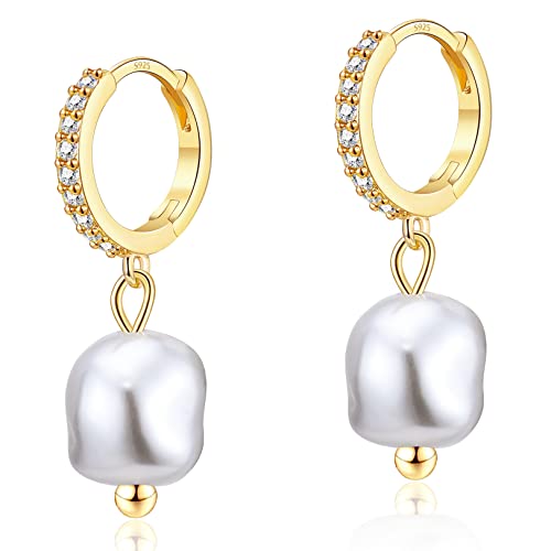 CERSLIMO Pearl Drop Earrings for Women | S925 Sterling Silver Post Simulated Shell Pearl Hoop Dangle Earrings, Hypoallergenic Cubic Zirconia Huggies Earrings Bridesmaid Jewelry - style: 03 Gold-Baroque