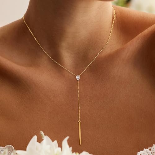 Ewrkbr Long Necklaces for Women, Dainty Gold Drop Necklace 14k Gold Plated CZ Y Shaped Lariat Necklace Simple Gold Necklaces for Women Trendy Summer Beach Accessories Wedding Prom Jewelry Gifts - color: Gold-Bar Drop