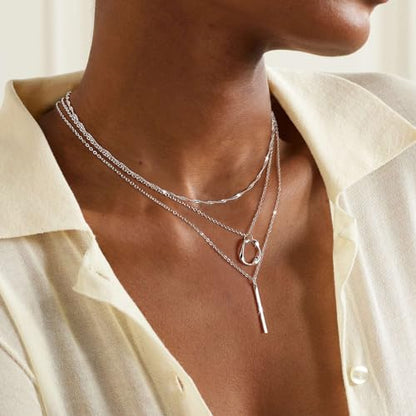 Cuzmly Layered Silver Necklaces for Women, Sterling Silver Stackable Stack Choker Necklaces for Women Trendy Layering Circle Pendant Chain Necklace Set Jewelry for Women - style: Bar