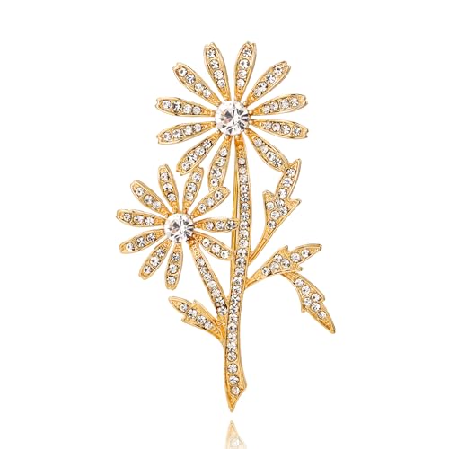 Crystal Brooch Vintage Floral Gold Pin Micro Pave Daisy/Tulip Rhinestone Embellishment for Women Holiday styles.