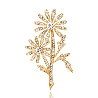 Crystal Brooch Vintage Floral Gold Pin Micro Pave Daisy/Tulip Rhinestone Embellishment for Women Holiday styles.