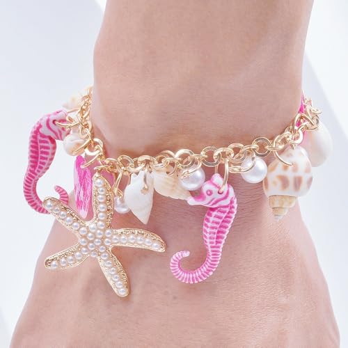 Spiritrain Handmade Starfish Seashell Pearl Bracelets for Women Gold Plated Bohemian Charm Sea Shell Couch Beads Adjustable Chain Anklet Bracelets Hawaiian Beach Holiday Mermaid Costume Jewelry Gifts - color: Rose red