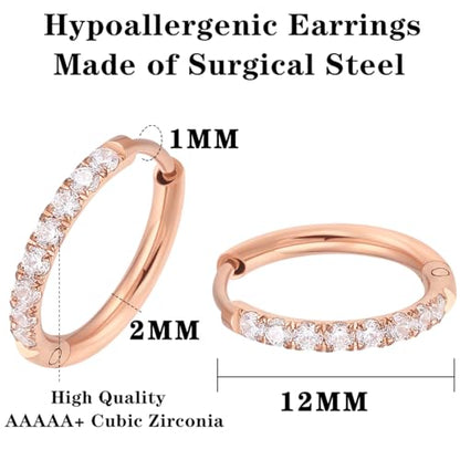 316L Surgical Steel Huggie Hoop Earrings | Dainty Pave Cubic Zirconia Cartilage Tiny Earring for Sensitive Ears Hypoallergenic Lightweight for Women Men - style: Rose Gold Plated,20G*12mm