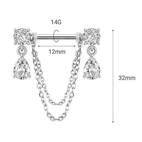 Dangle Chain Nipple Piercing Jewelry, CZ Gemstone Nipple Rings Surgical Steel for Women and Men, Silver Nipple Shields Barbell Rings, 14 Gauge A Pair